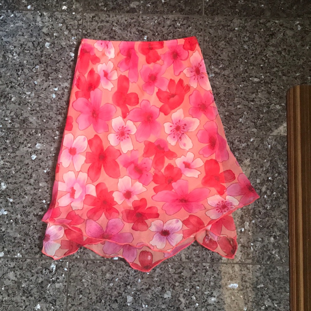 1 Long Pink Floral Skirt. Size M, 8-10